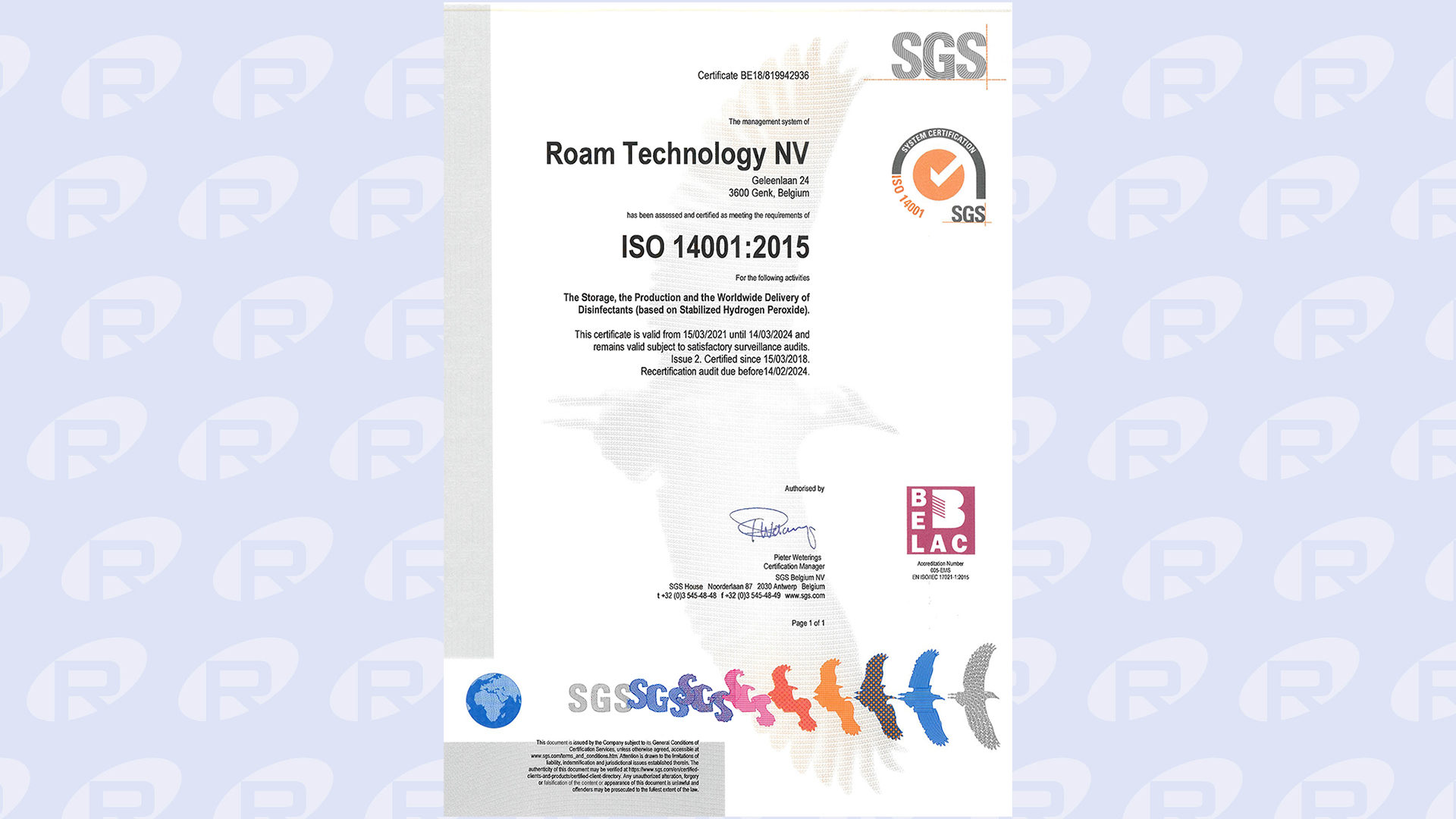 ISO 14001:2015 certification renewed until 2024 - Roam Technology