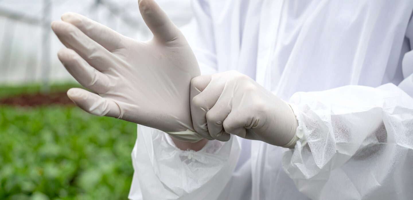 man putting on gloves